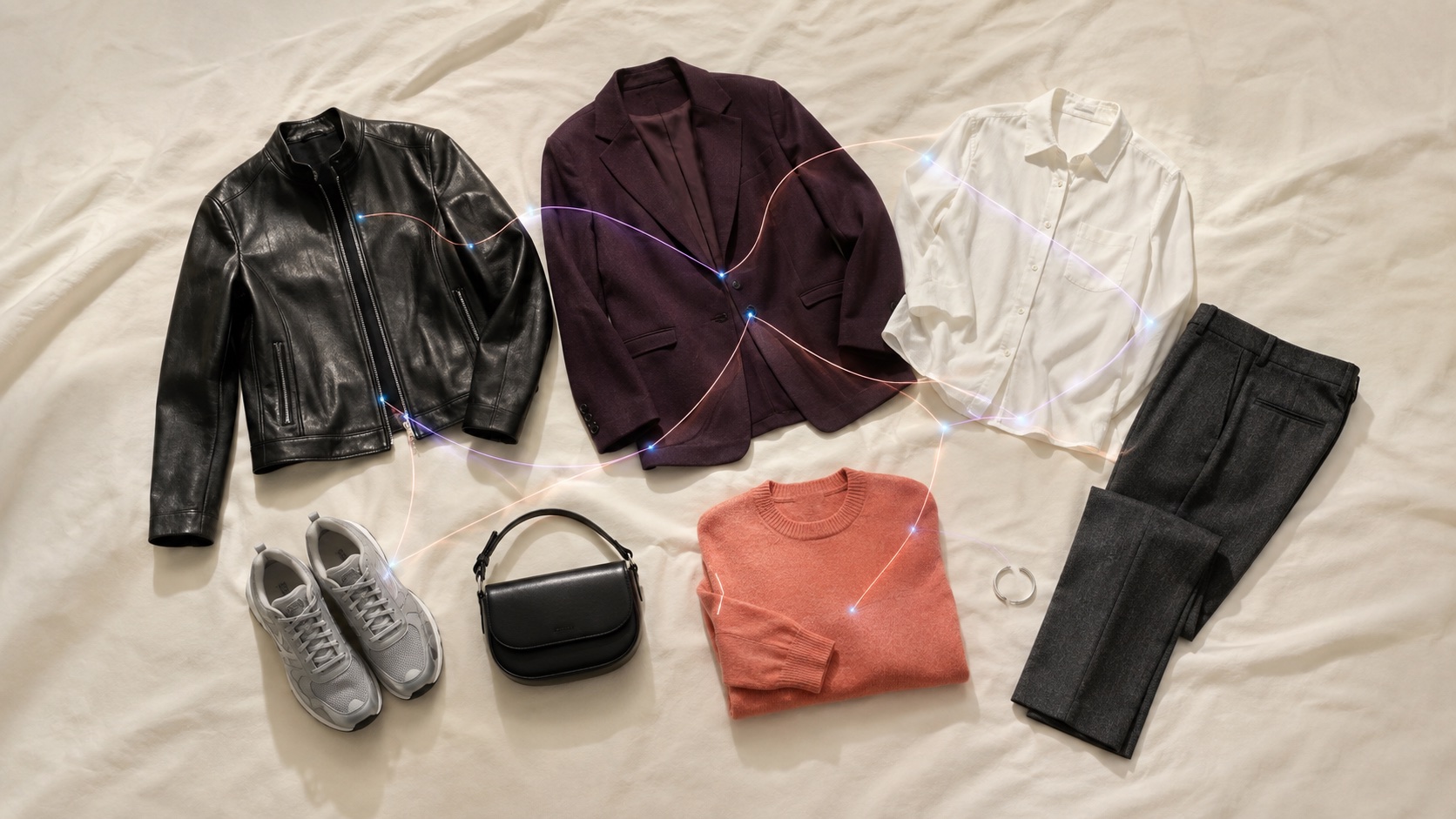 Una colección de prendas en tonos marfil, negro y lavanda